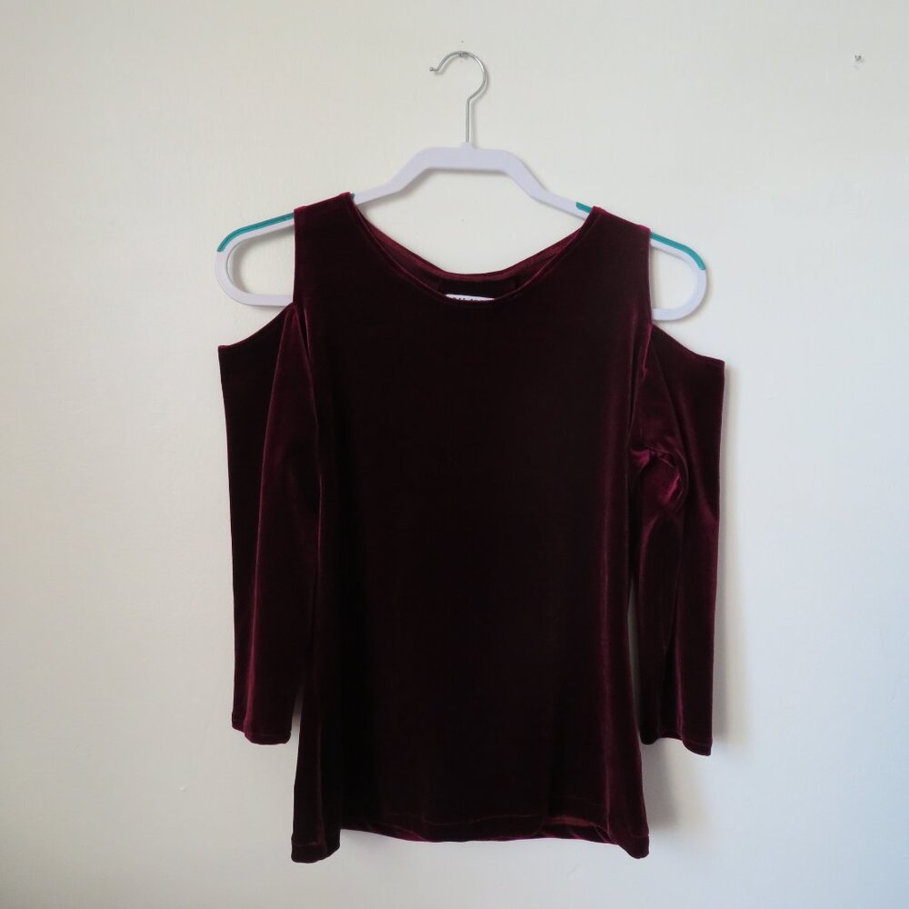 Velvet Cold Shoulder Women's Blouse 3/4 Sleeve Size S Burgundy Color